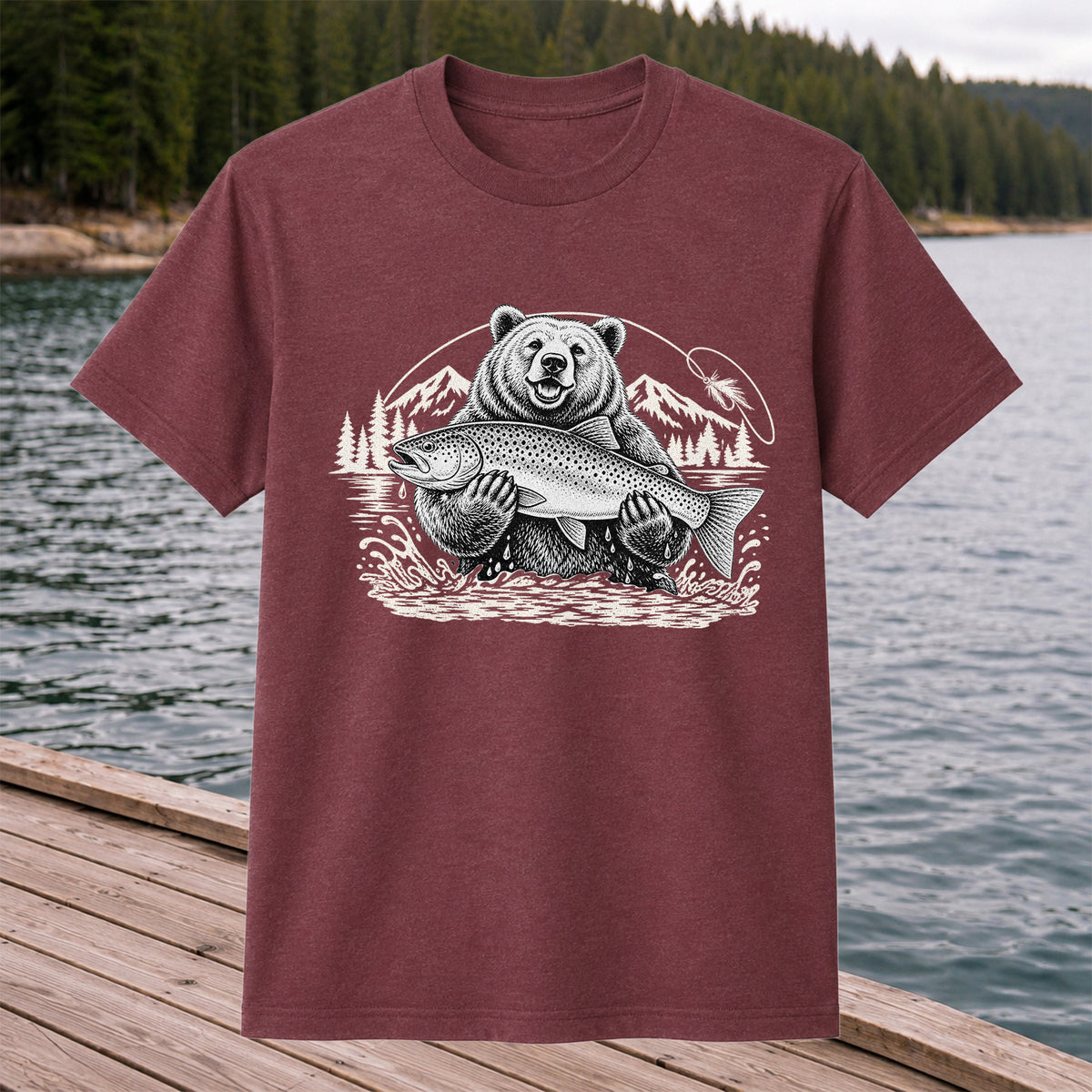 Bear Holding Trout in Mountain Lake Fishing Graphic T-Shirt