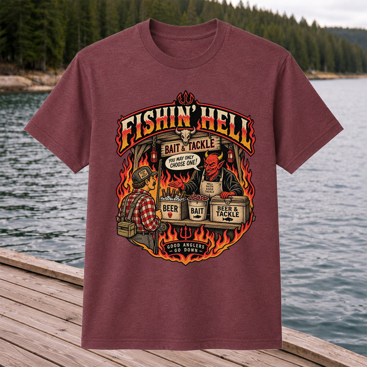 Fishin' Hell Devil Bait and Tackle Funny Fishing T-Shirt