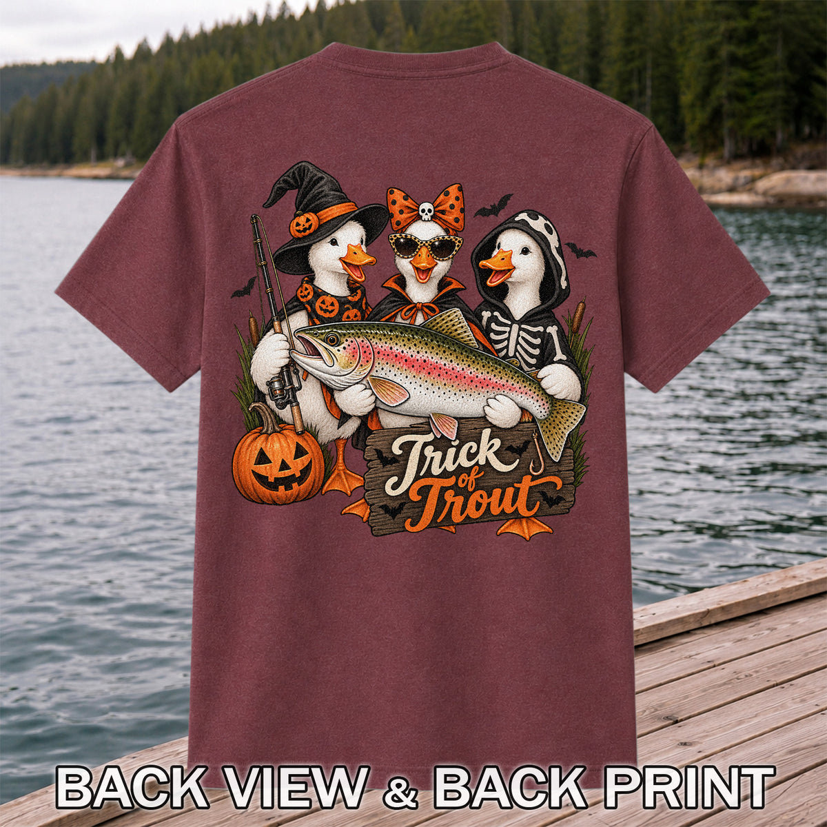 Trick of Trout Halloween Ducks with Rainbow Trout Fishing T-Shirt | Back Print
