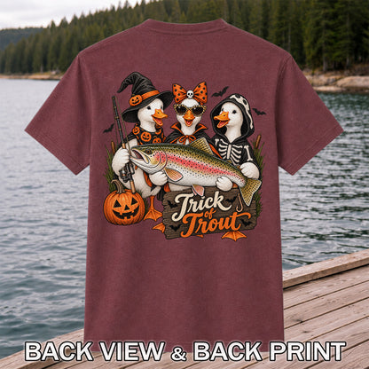 Trick of Trout Halloween Ducks with Rainbow Trout Fishing T-Shirt | Back Print