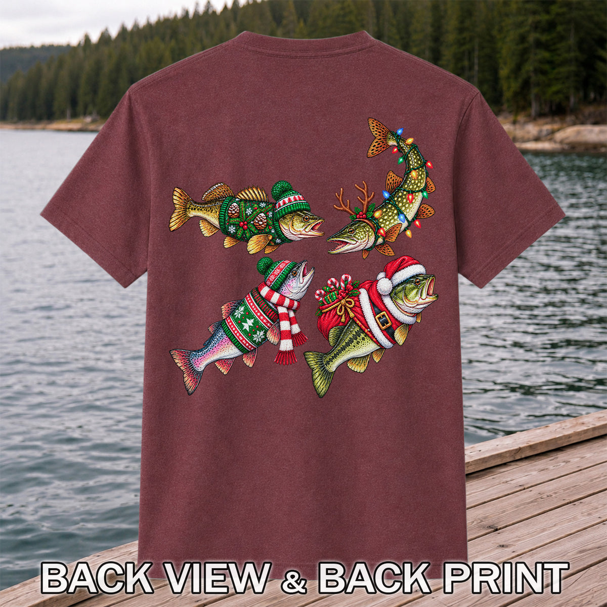 Festive Christmas Fish Wearing Holiday Sweaters Fishing T-Shirt | Back Print