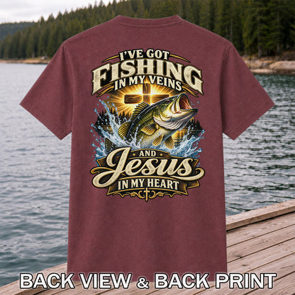 I've Got Fishing in My Veins and Jesus in My Heart Bass and Cross T-Shirt | Back Print