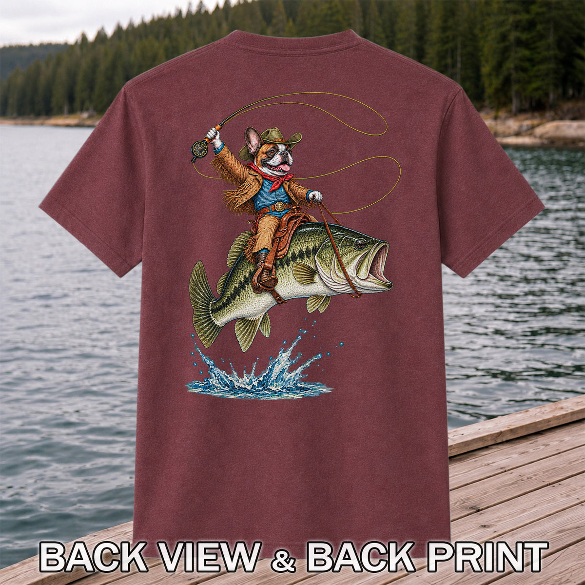 French Bulldog Cowboy Riding a Bass Fishing Graphic T-Shirt | Back Print