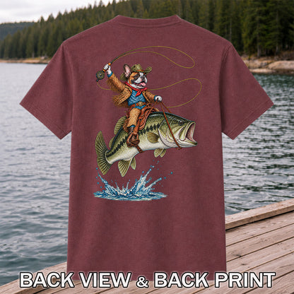 French Bulldog Cowboy Riding a Bass Fishing Graphic T-Shirt | Back Print