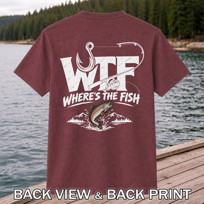 WTF Where's the Fish Jumping Trout and Fishing Rod T-Shirt | Back Print