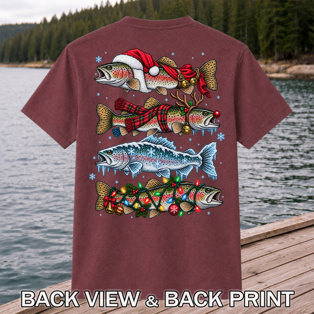 Christmas Rainbow Trout Holiday Fishing Graphic T-Shirt | Back Print