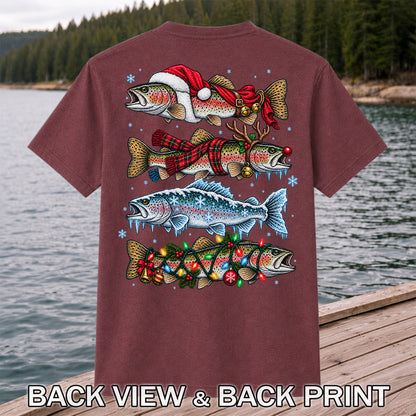 Christmas Rainbow Trout Holiday Fishing Graphic T-Shirt | Back Print