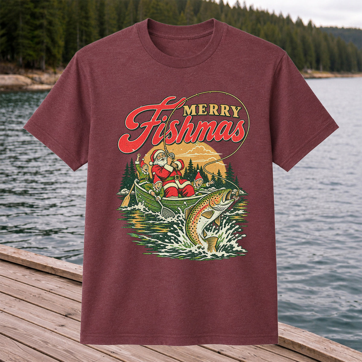 Merry Fishmas Santa and Elves Trout Fishing Christmas T-Shirt