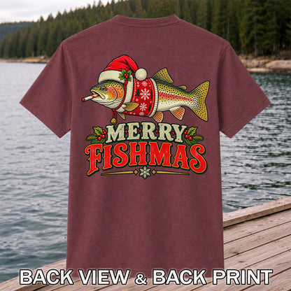 Christmas Trout Santa Fishing Graphic T-Shirt | Back Print
