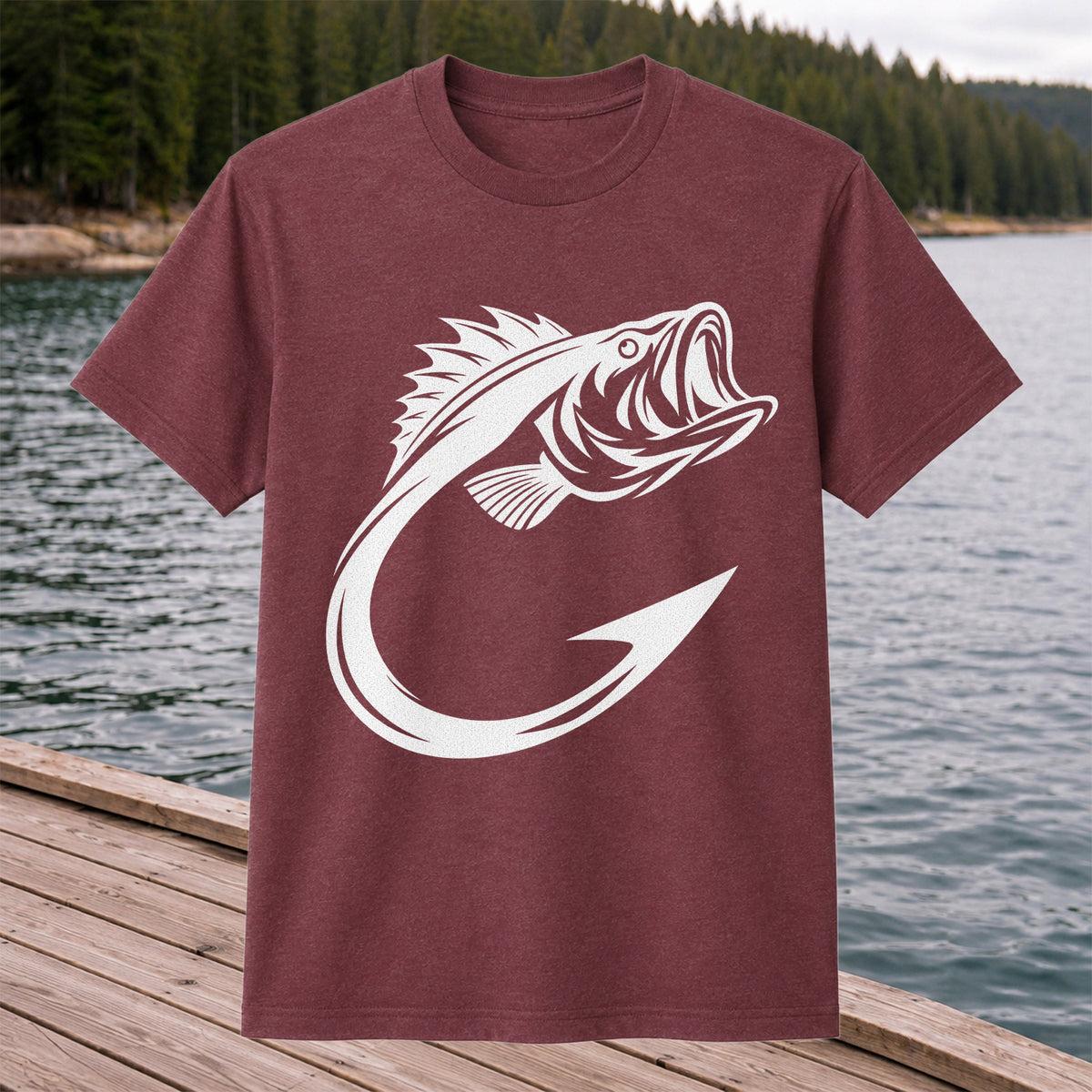 Bass Fish Hook Silhouette Fishing Graphic T-Shirt