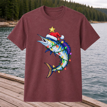 Christmas Marlin Wrapped in Lights Fishing T-Shirt