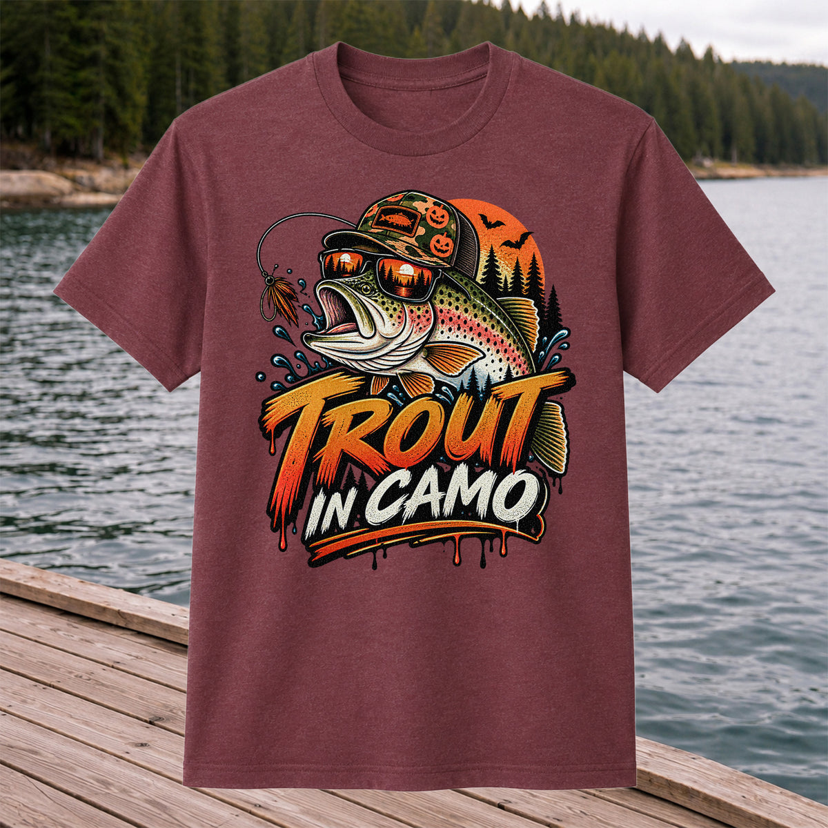 Trout in Camo Halloween Rainbow Trout Fishing Graphic T-Shirt
