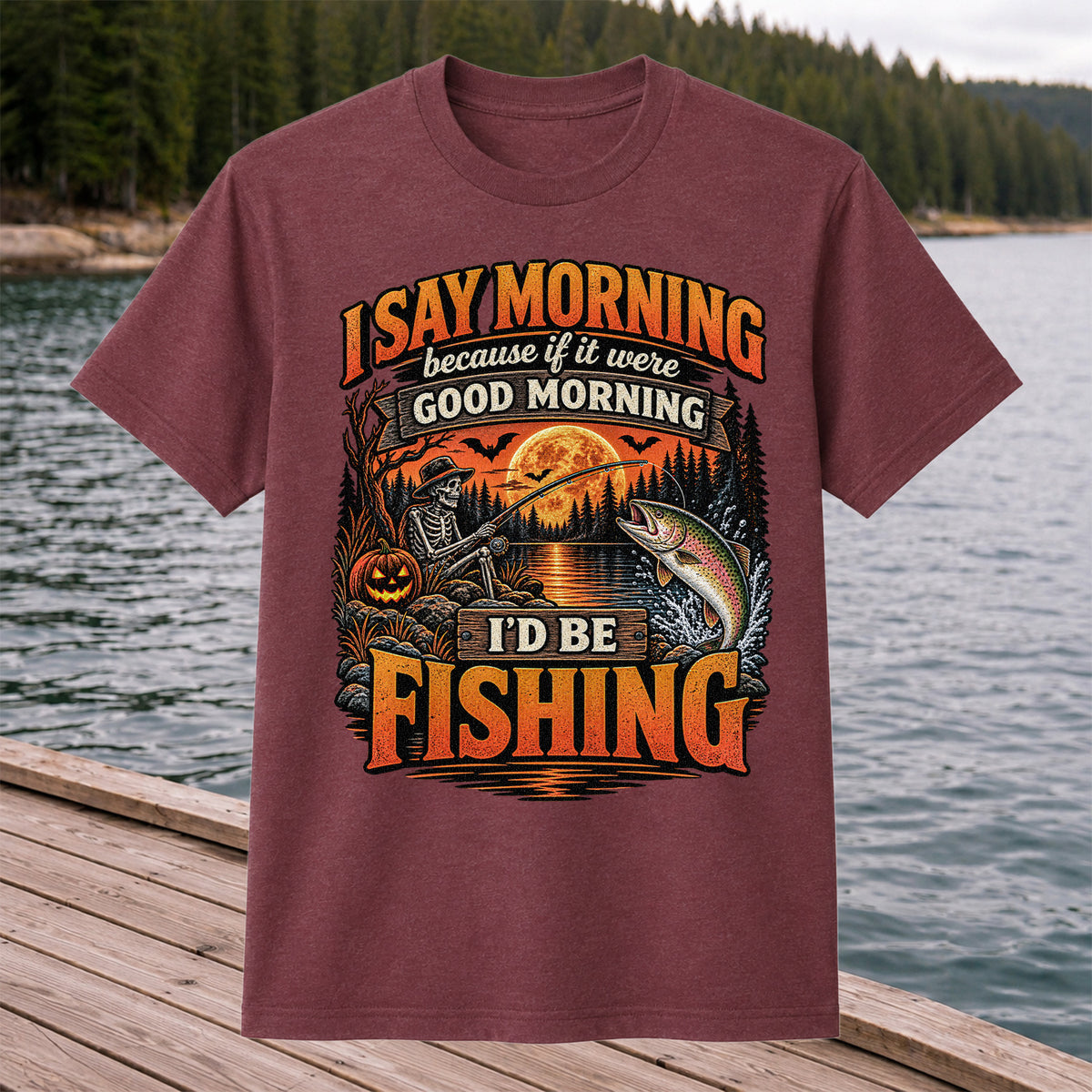 I Say Morning Because If It Were Good Morning I'd Be Fishing Halloween Skeleton Trout T-Shirt