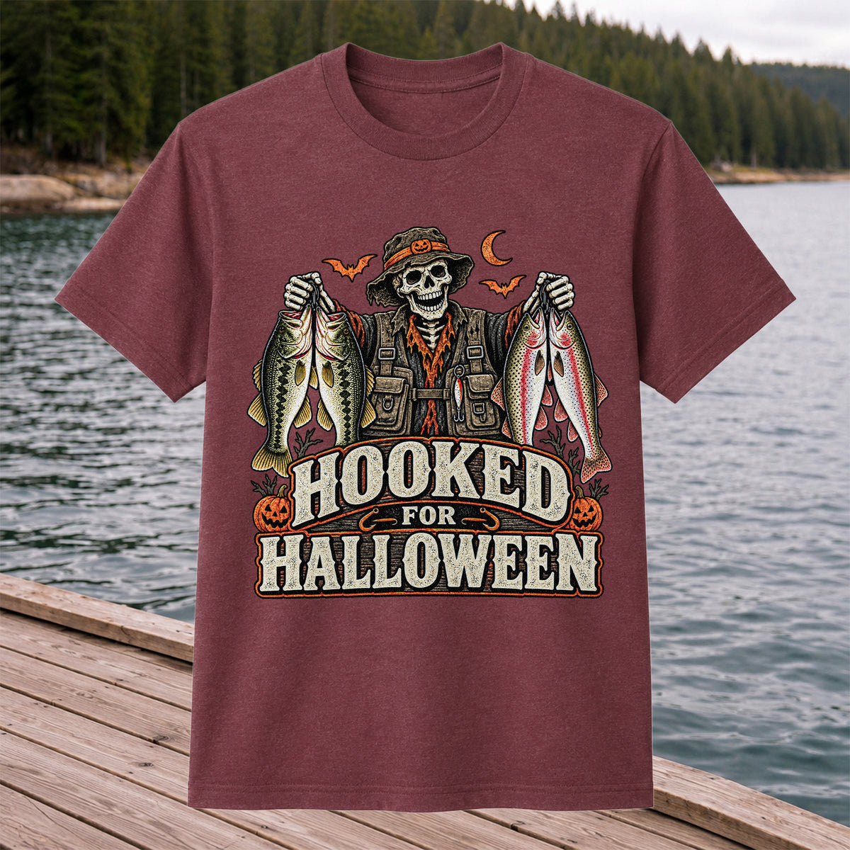 Hooked for Halloween Skeleton Angler with Bass and Trout Fishing T-Shirt