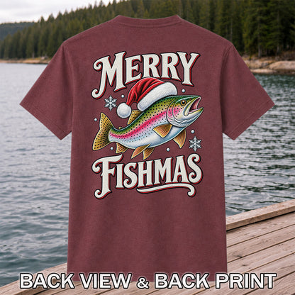Merry Fishmas Rainbow Trout in a Santa Hat Christmas Fishing T-Shirt | Back Print
