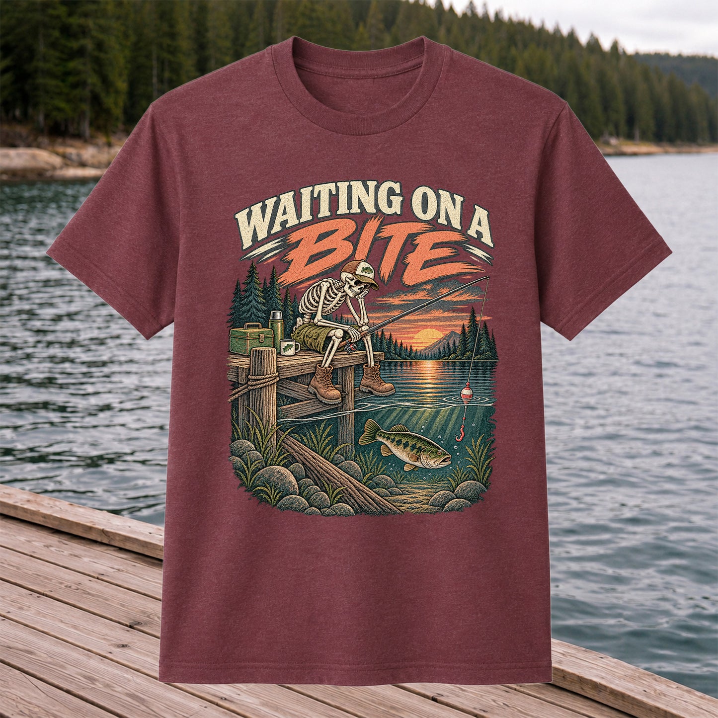 Waiting on a Bite Skeleton Bass Fishing Graphic T-Shirt