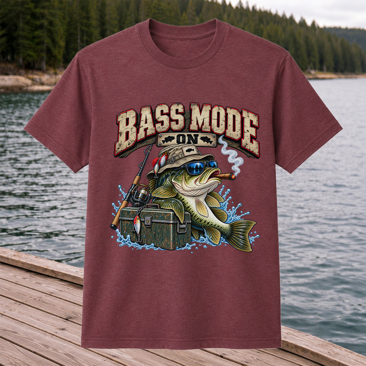 Bass Mode On Funny Bass with Cigar Fishing Graphic T-Shirt