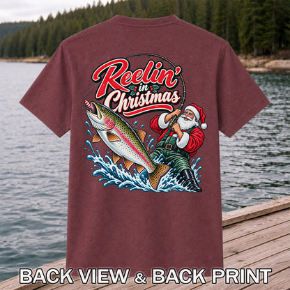 Reelin' in Christmas Santa Rainbow Trout Fishing T-Shirt | Back Print