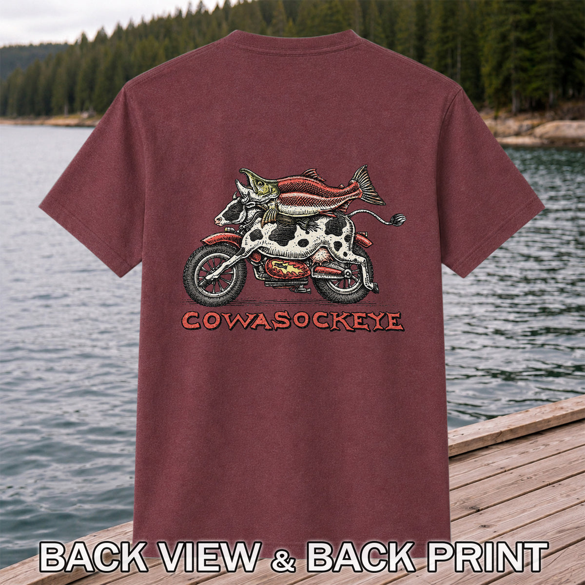 Cowasockeye Trout Motorcycle Funny Fishing Graphic T-Shirt | Back Print