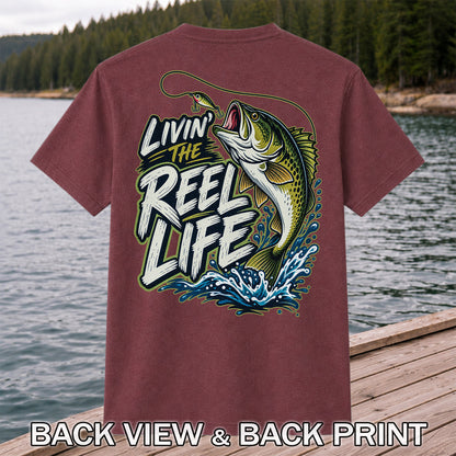 Livin' the Reel Life Jumping Bass Fishing Graphic T-Shirt | Back Print