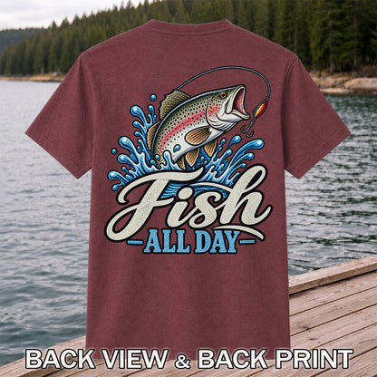 Fish All Day Jumping Rainbow Trout Fishing Graphic T-Shirt | Back Print