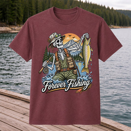 Forever Fishing Skeleton Angler Holding Brown Trout Graphic T-Shirt
