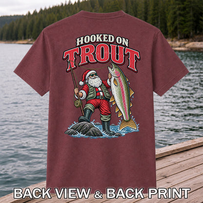 Hooked on Trout Santa Claus Rainbow Trout Christmas Fishing T-Shirt | Back Print