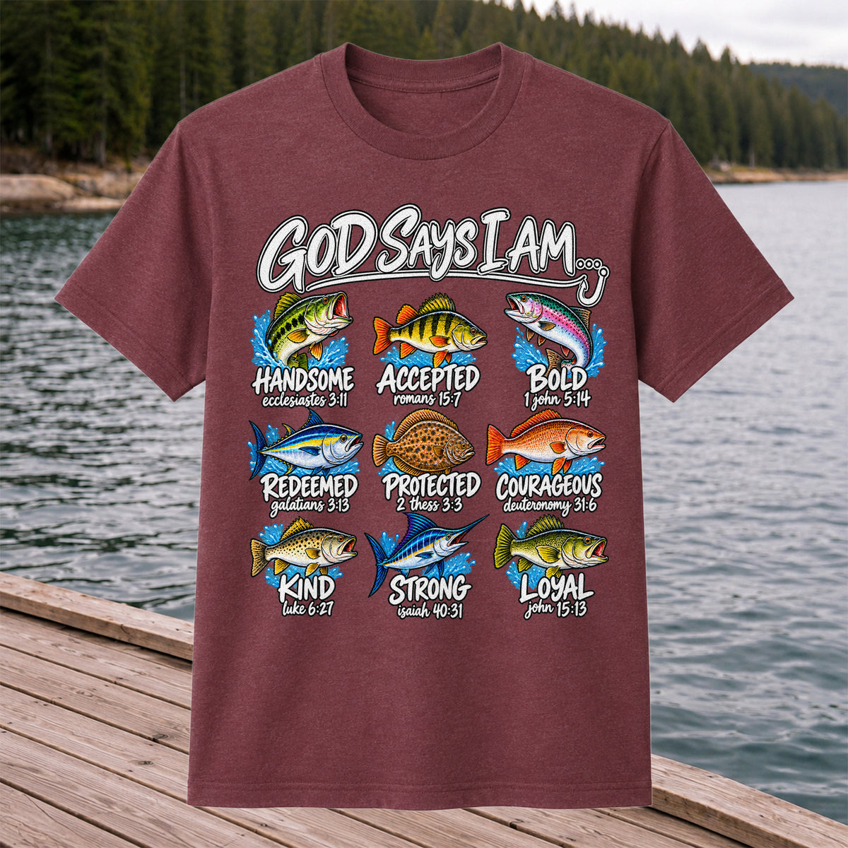 God Says I Am Christian Fish and Bible Verse Fishing Graphic T-Shirt