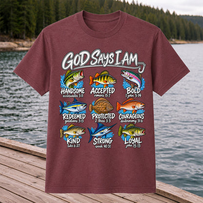 God Says I Am Christian Fish and Bible Verse Fishing Graphic T-Shirt
