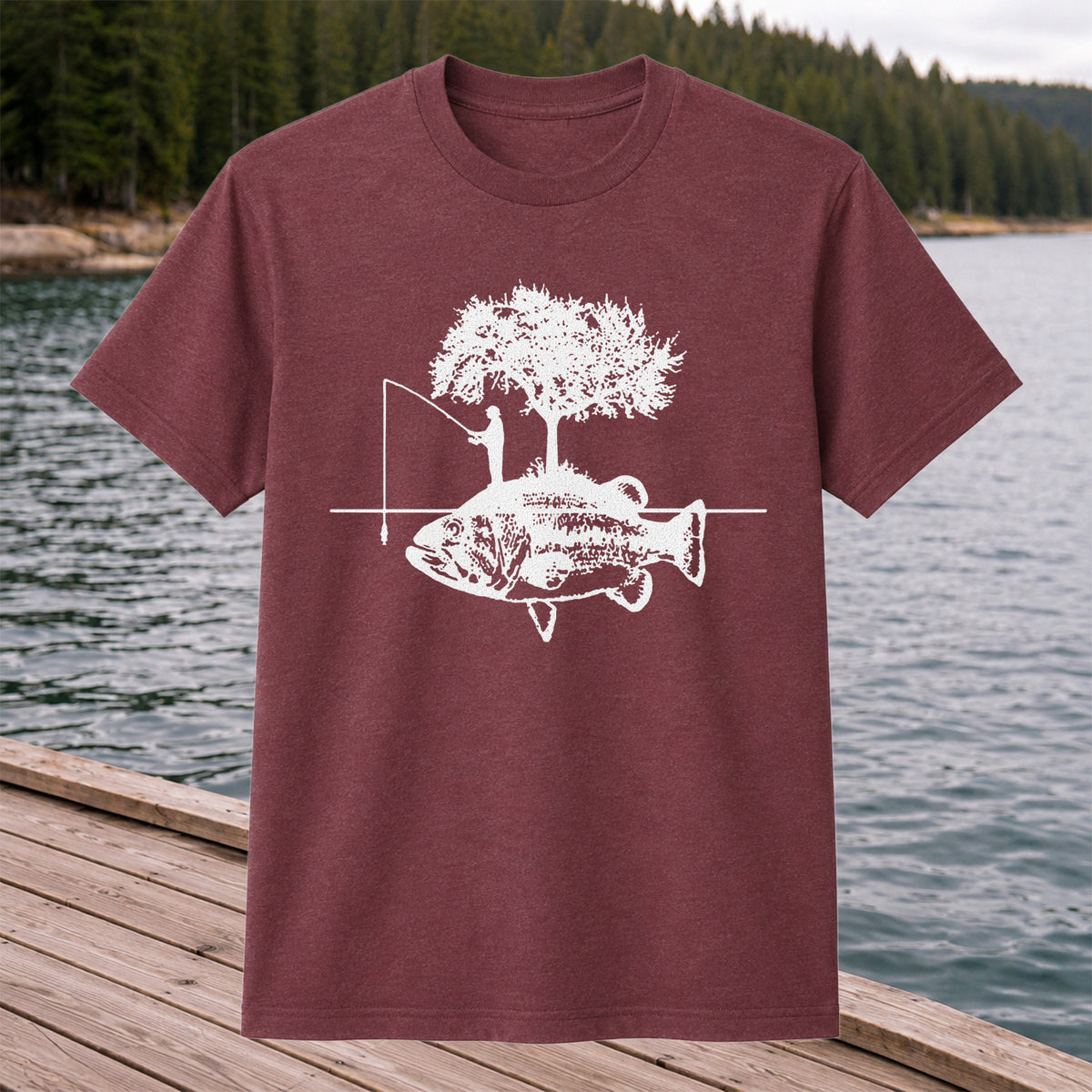 Fish and Tree Silhouette Fishing Graphic T-Shirt