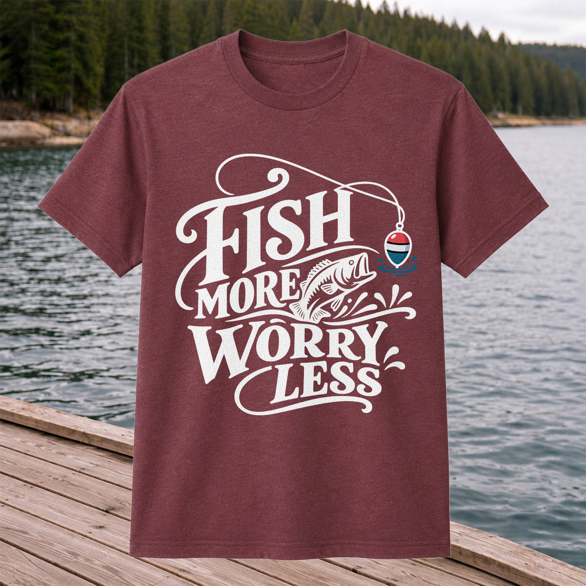 Fish More Worry Less Funny Fishing Graphic T-Shirt