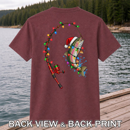 Christmas Rainbow Trout with Santa Hat and Lights Fishing T-Shirt | Back Print