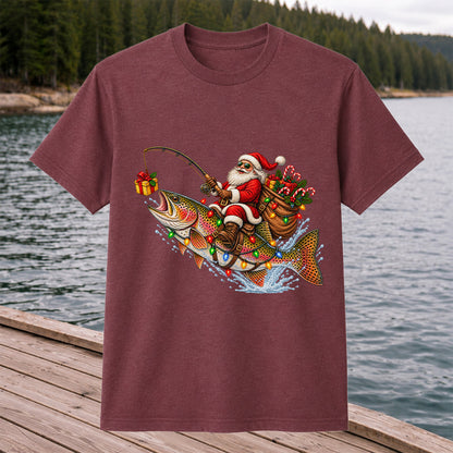 Santa Riding a Rainbow Trout Christmas Fishing Graphic T-Shirt