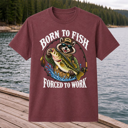 Born to Fish Forced to Work Raccoon Bass Graphic T-Shirt