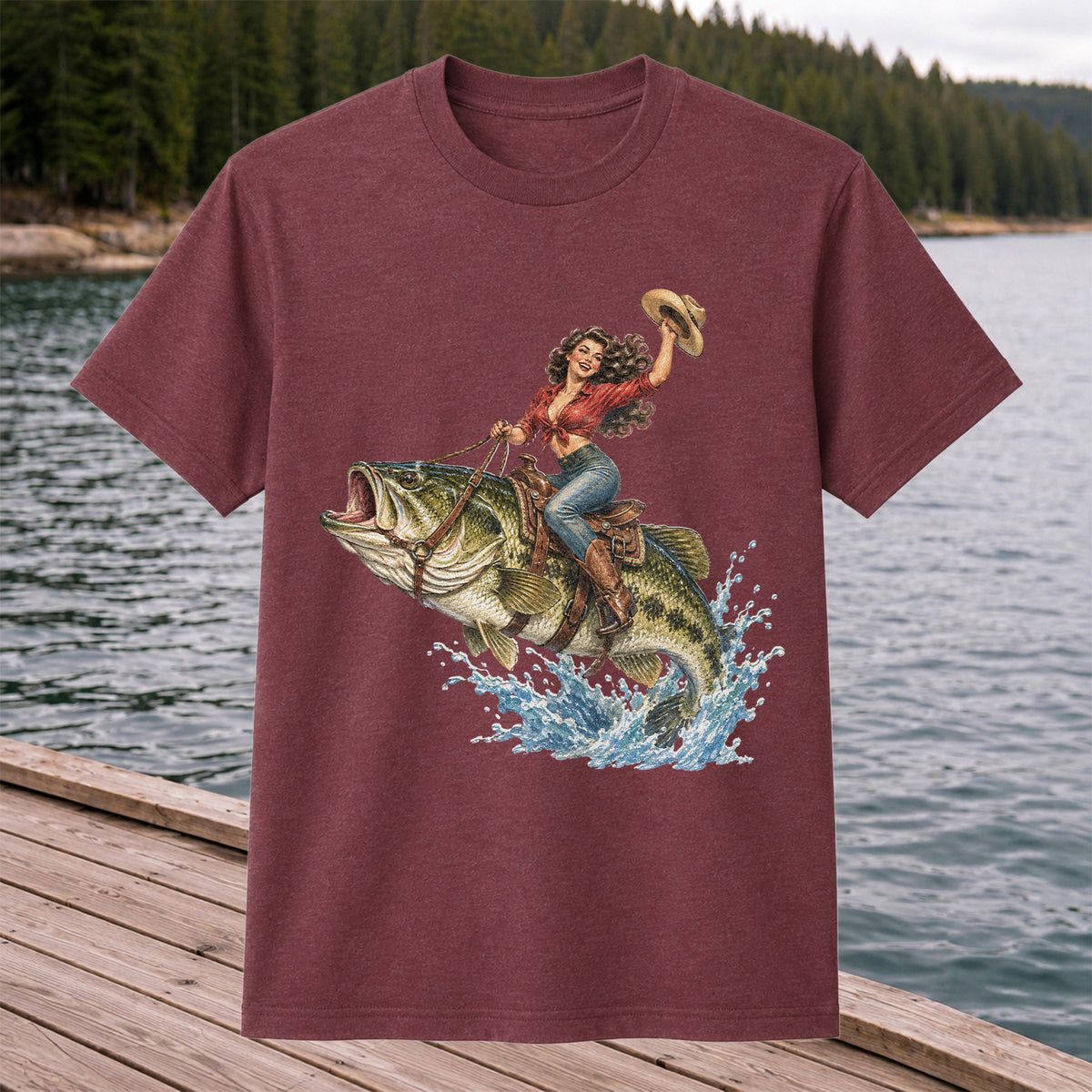 Vintage Cowgirl Riding a Largemouth Bass Fishing Graphic T-Shirt