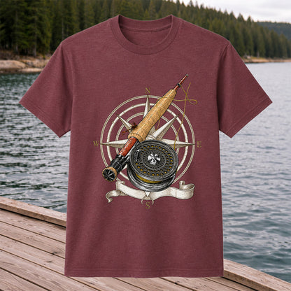 Vintage Fly Fishing Rod Reel and Compass Graphic T-Shirt