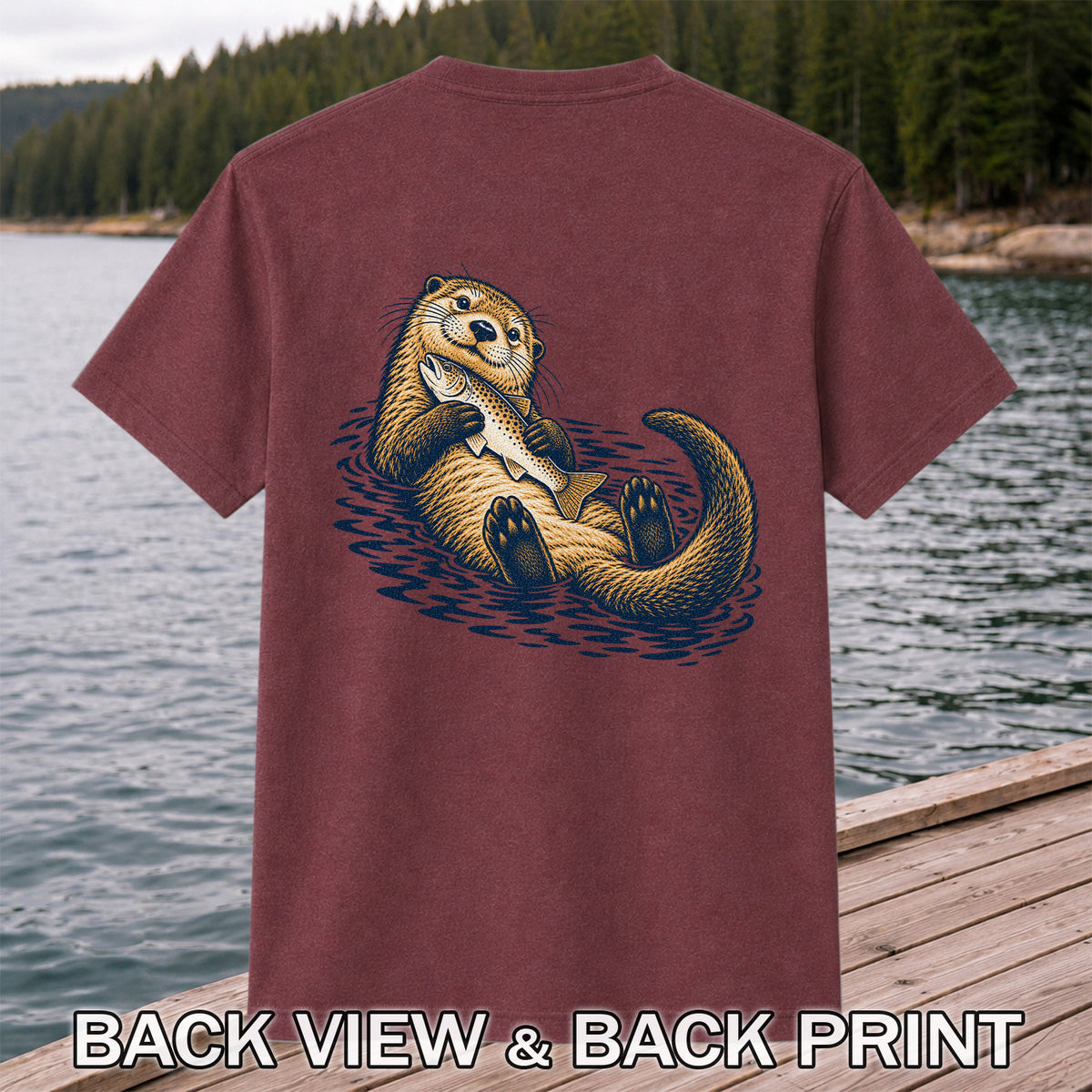Cute Otter Holding Fish Hand Drawn Fishing Graphic T-Shirt | Back Print