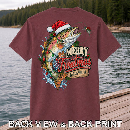 Merry Troutmas Tight Lines Bright Times Santa Hat Rainbow Trout Fishing T-Shirt | Back Print