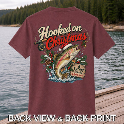 Hooked on Christmas Rainbow Trout in Santa Hat Fishing T-Shirt | Back Print