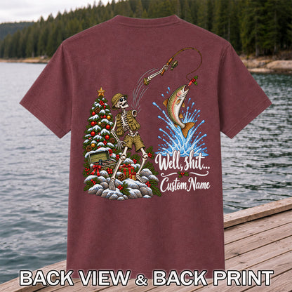 Skeleton Angler Christmas Fishing Personalized Graphic T-Shirt | Back Print