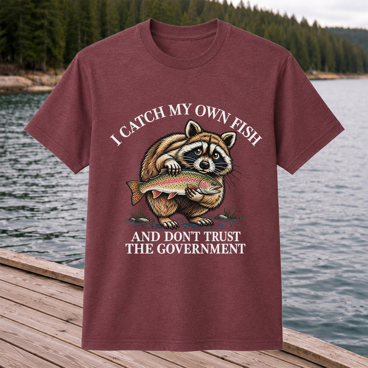 Raccoon Holding Rainbow Trout Fishing Graphic T-Shirt