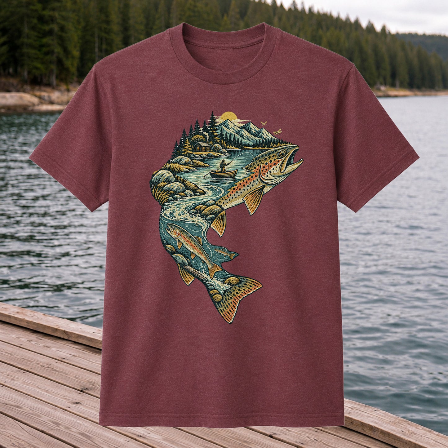 Vintage Brown Trout Mountain River Fly Fishing Graphic T-Shirt