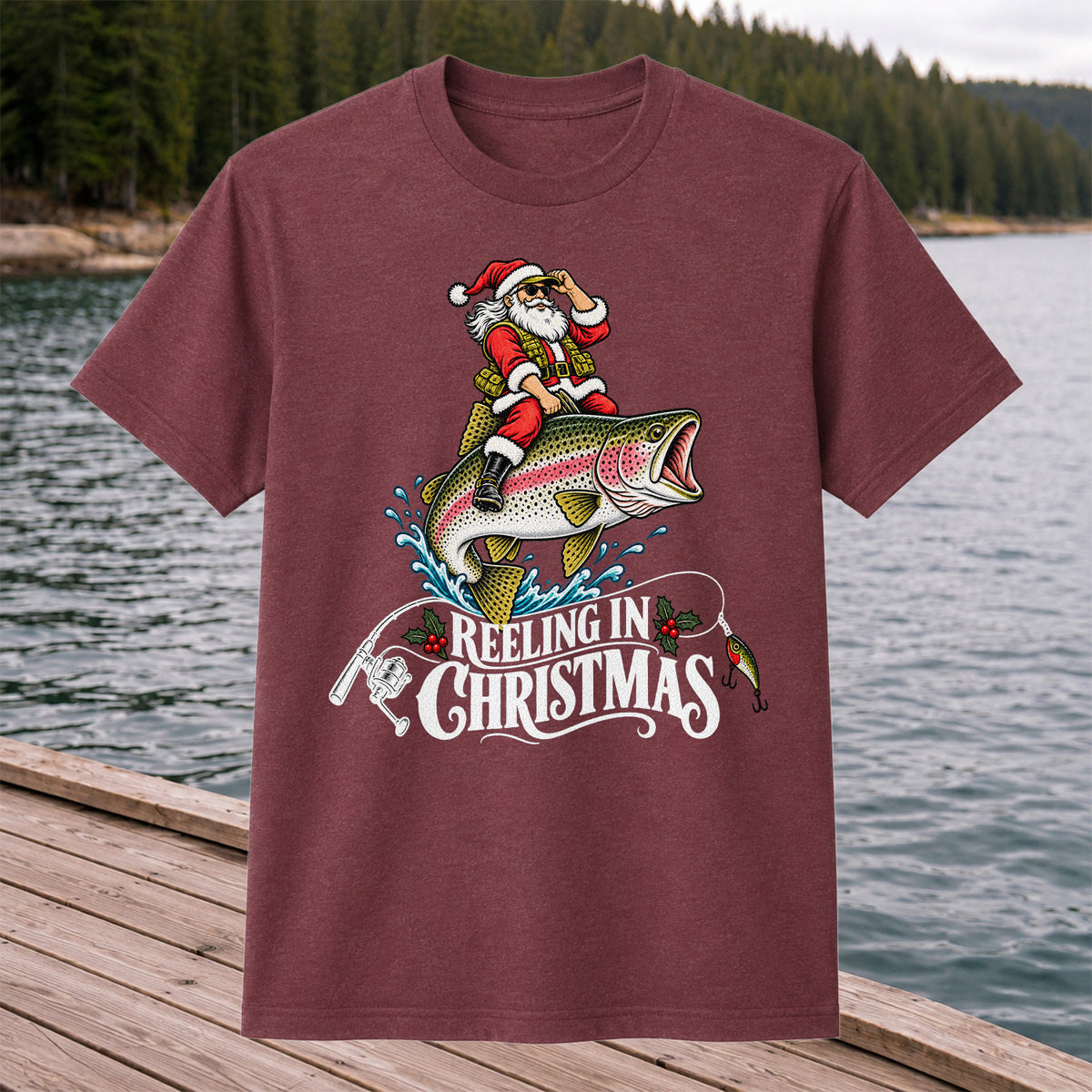 Reeling in Christmas Santa Rainbow Trout Fishing T-Shirt