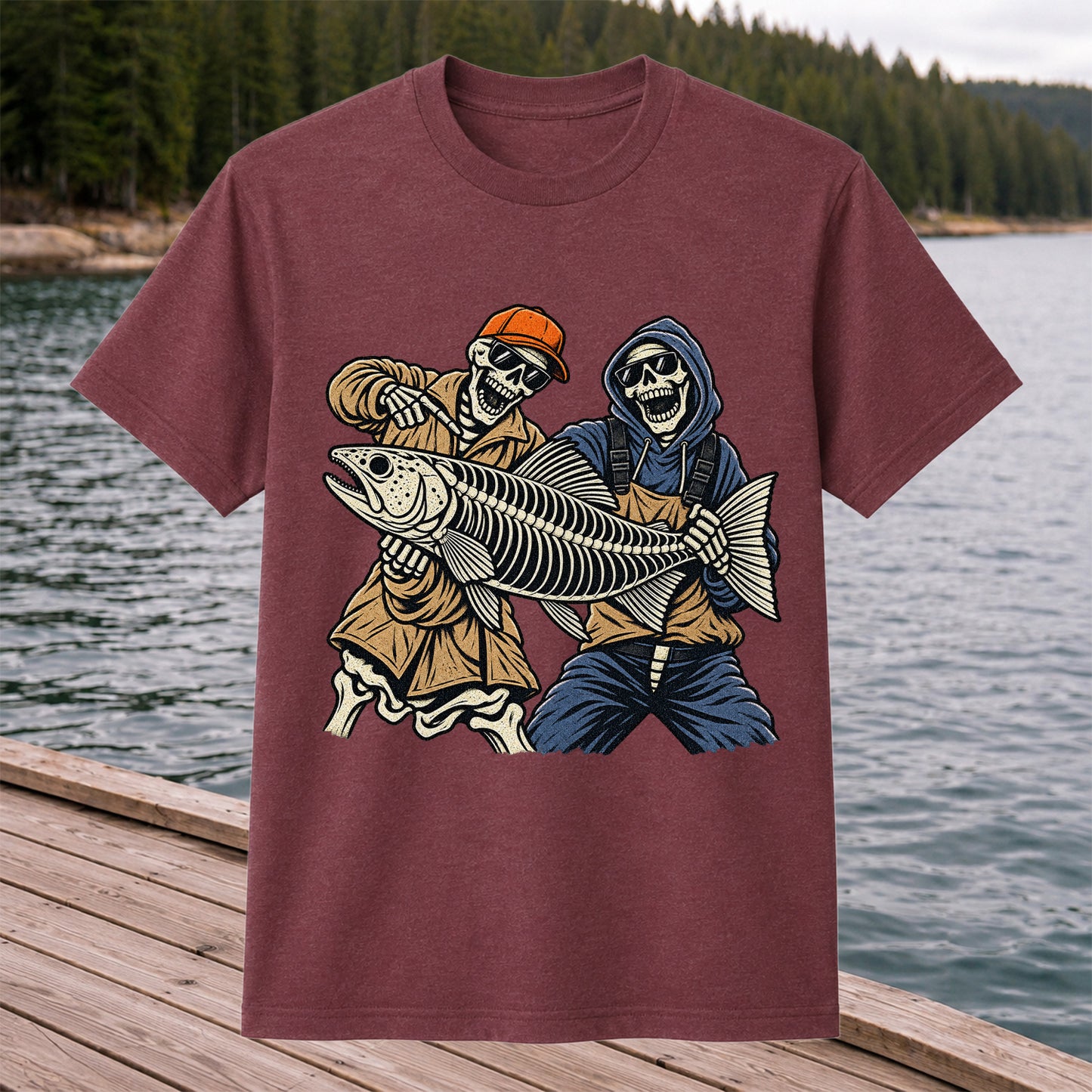 Skeleton Anglers Holding a Giant Fish Graphic T-Shirt