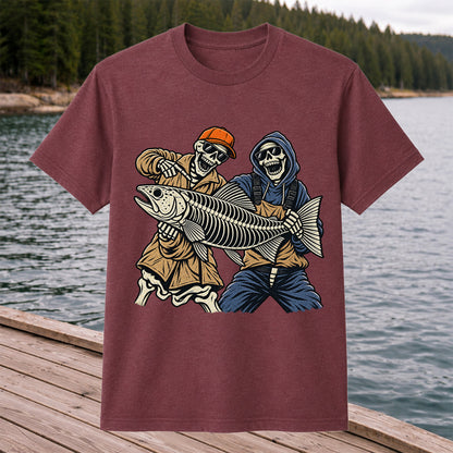 Skeleton Anglers Holding a Giant Fish Graphic T-Shirt