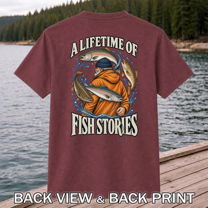 A Lifetime of Fish Stories Angler and Trout Fishing Graphic T-Shirt | Back Print