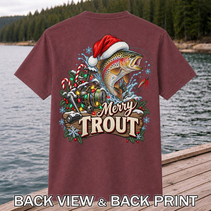 Merry Trout Christmas Rainbow Trout and Fishing Reel T-Shirt | Back Print