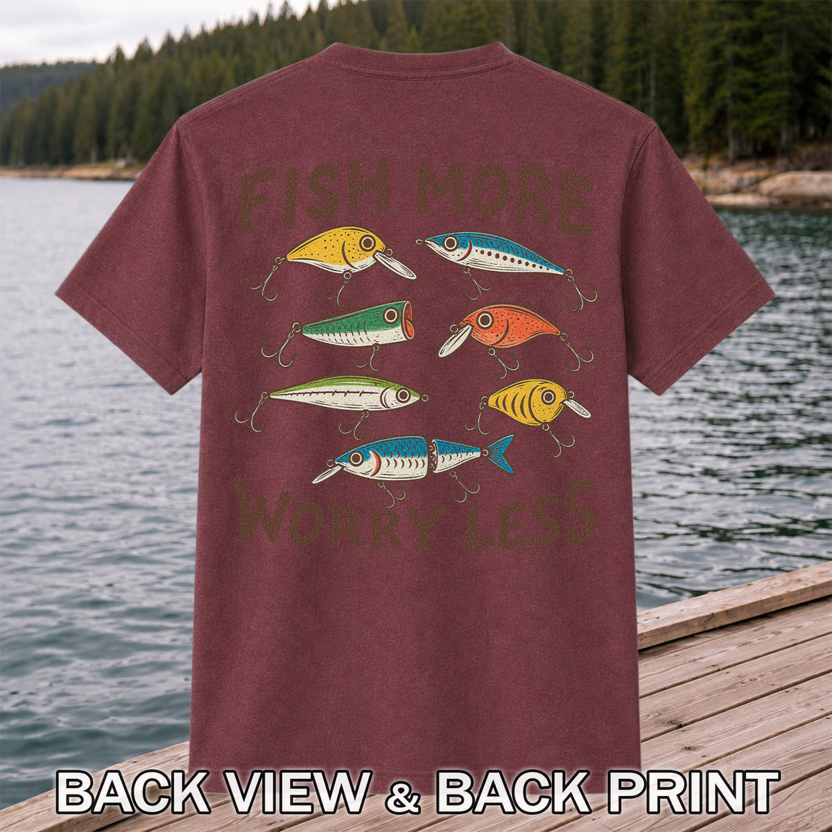 Colorful Fishing Lures and Hooks Graphic T-Shirt | Back Print