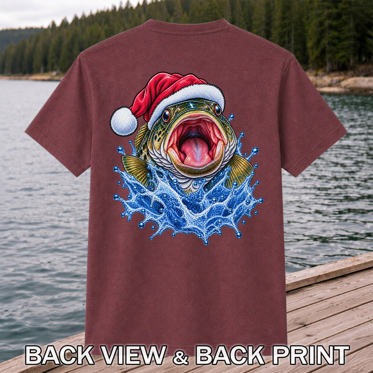 Santa Hat Bass Splash Fishing Graphic T-Shirt | Back Print