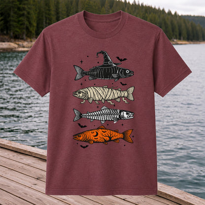 Halloween Witch Mummy Skeleton and Pumpkin Fish Graphic T-Shirt
